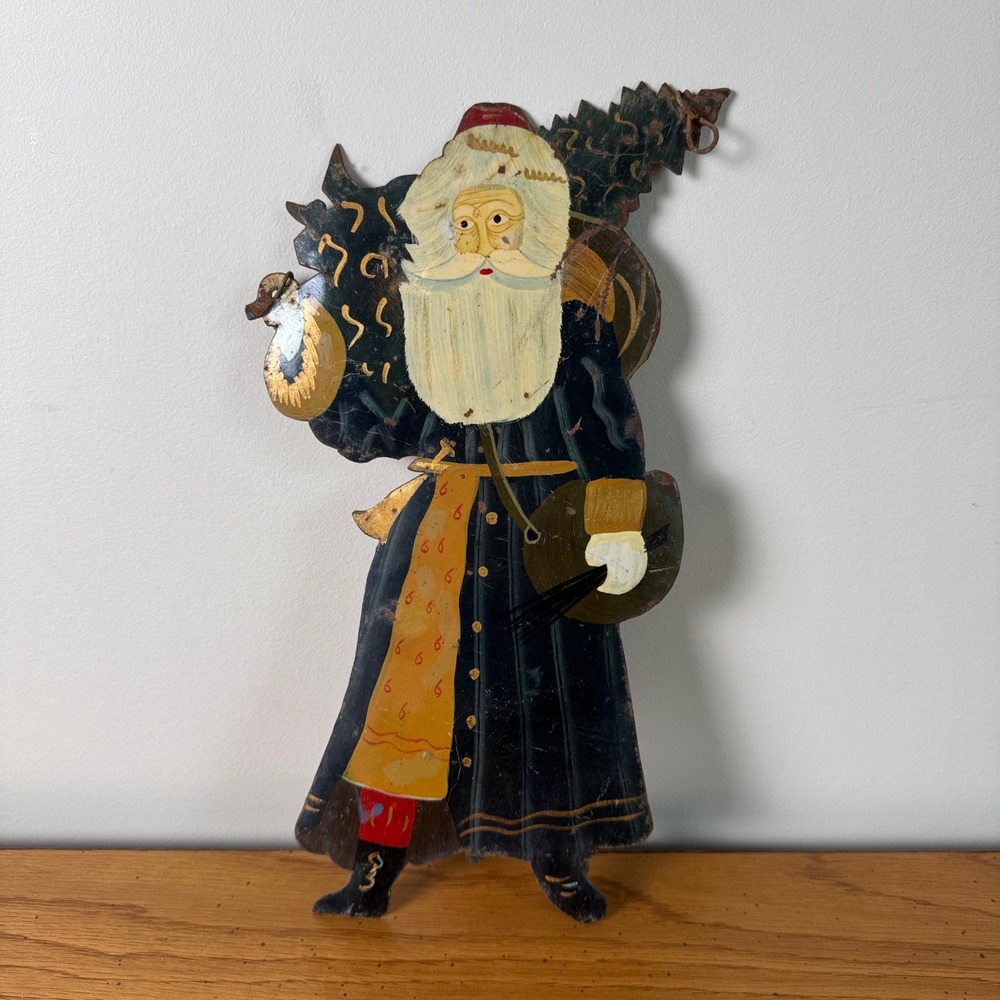 Vintage Hand Painted Santa Claus‎ Christmas Decoration Metal Hanging Decor